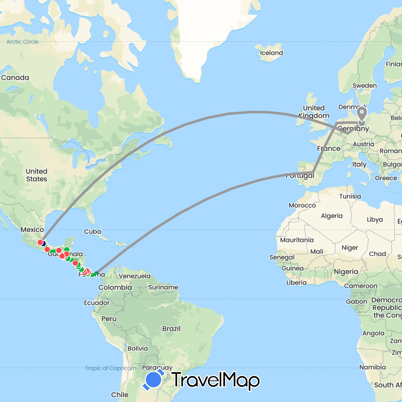 TravelMap itinerary: driving, bus, plane, cycling, train, hiking, boat, hitchhiking, motorbike in Costa Rica, Germany, Spain, Guatemala, Honduras, Mexico, Nicaragua, Netherlands, Panama, El Salvador (Europe, North America)
